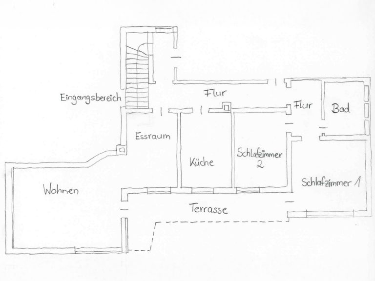 Grundriss der Ferienwohnung Markgraf mit Wohnbereich, Essraum, Kueche, zwei Schlafzimmern, Bad, Flur, Eingangsbereich und Terrasse